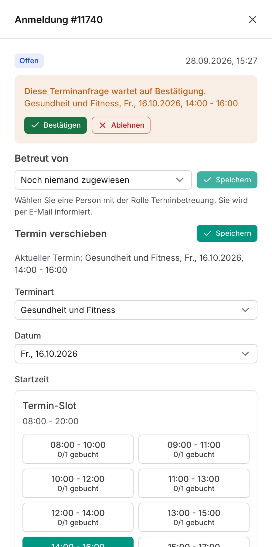 Details einer offenen Terminanfrage mit „Bestätigen“ und „Ablehnen“