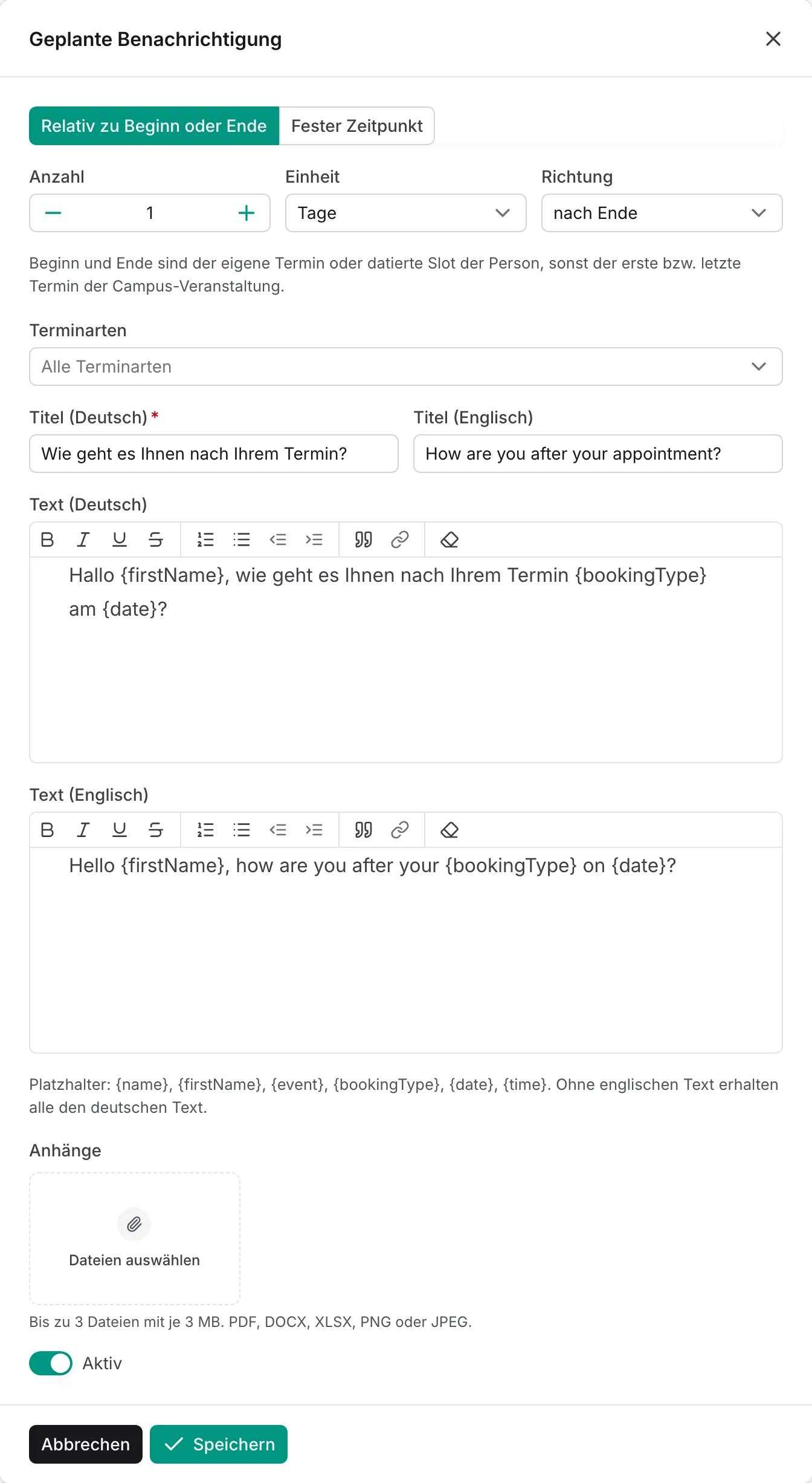 Dialog einer geplanten Benachrichtigung mit relativem Zeitpunkt und deutschem und englischem Text
