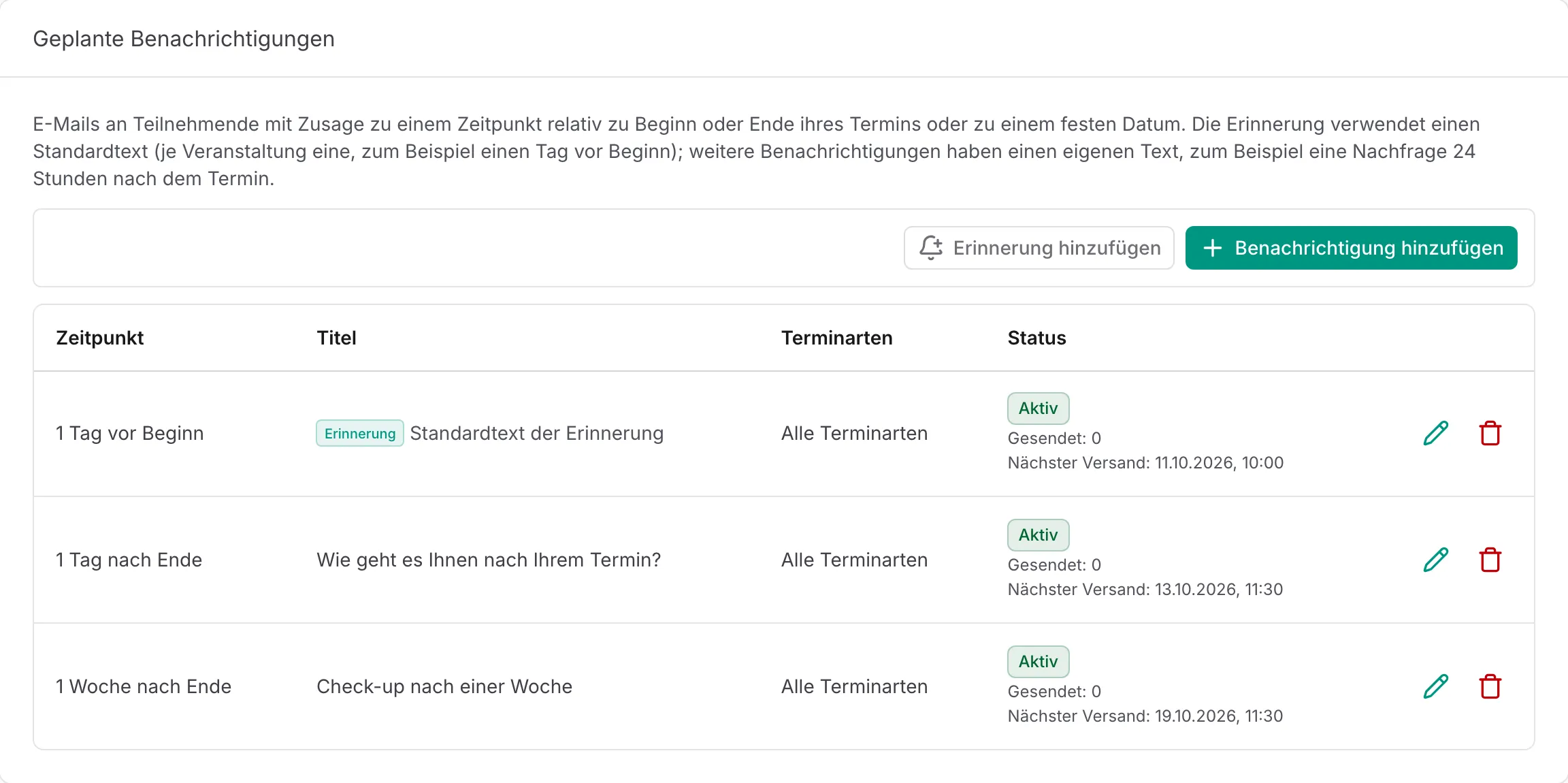 Liste der geplanten Benachrichtigungen mit der Erinnerung an erster Stelle