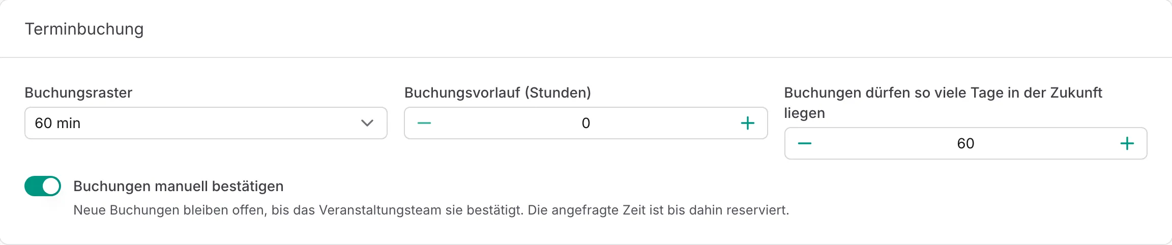 Karte „Terminbuchung“ mit der Option „Buchungen manuell bestätigen“