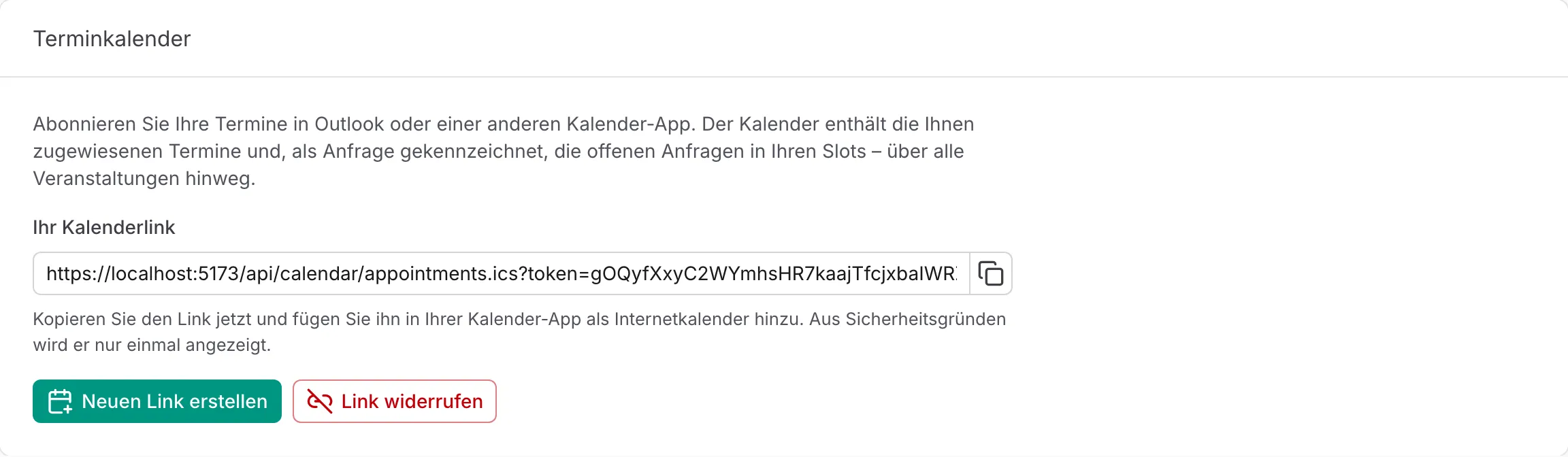 Karte „Terminkalender“ mit dem persönlichen Kalenderlink