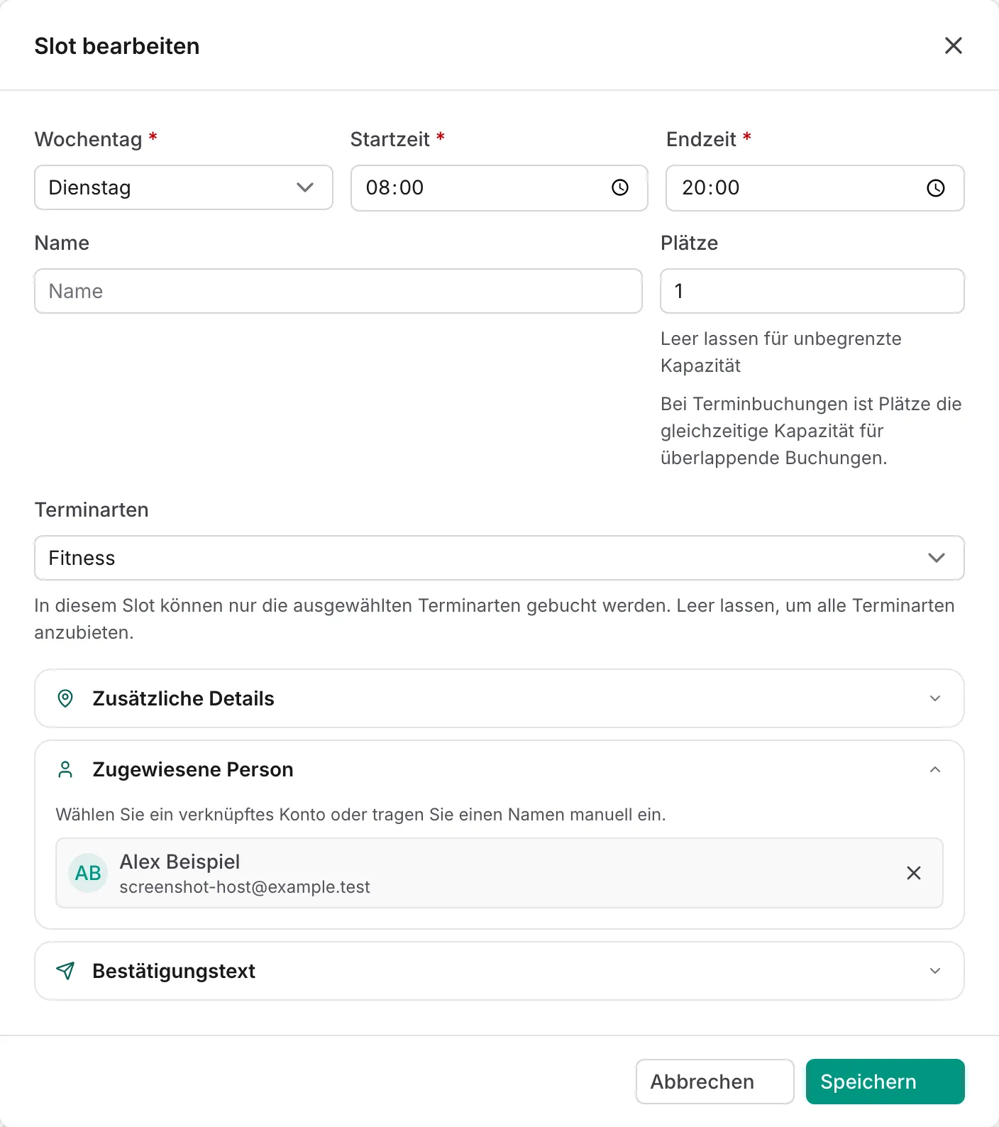 Slot-Dialog mit der Auswahl „Terminarten“